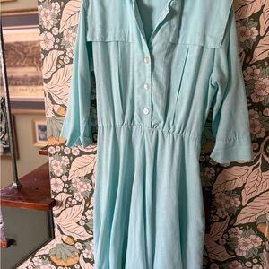Turquoise Vintage Ruched Wrap Sundress with Long Cuffed Sleeves